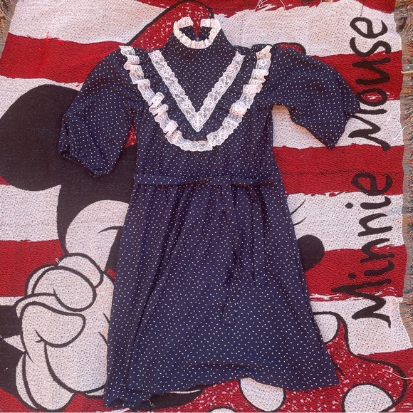 VINTAGE NAVY BLUE FLORAL LACE HIGH NECK PRAIRIE DRESS SIZE 5/6 COTTAGE CORE